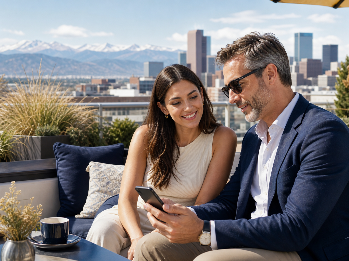 Adults enjoying a Denver rooftop with the city and Rocky Mountains behind them