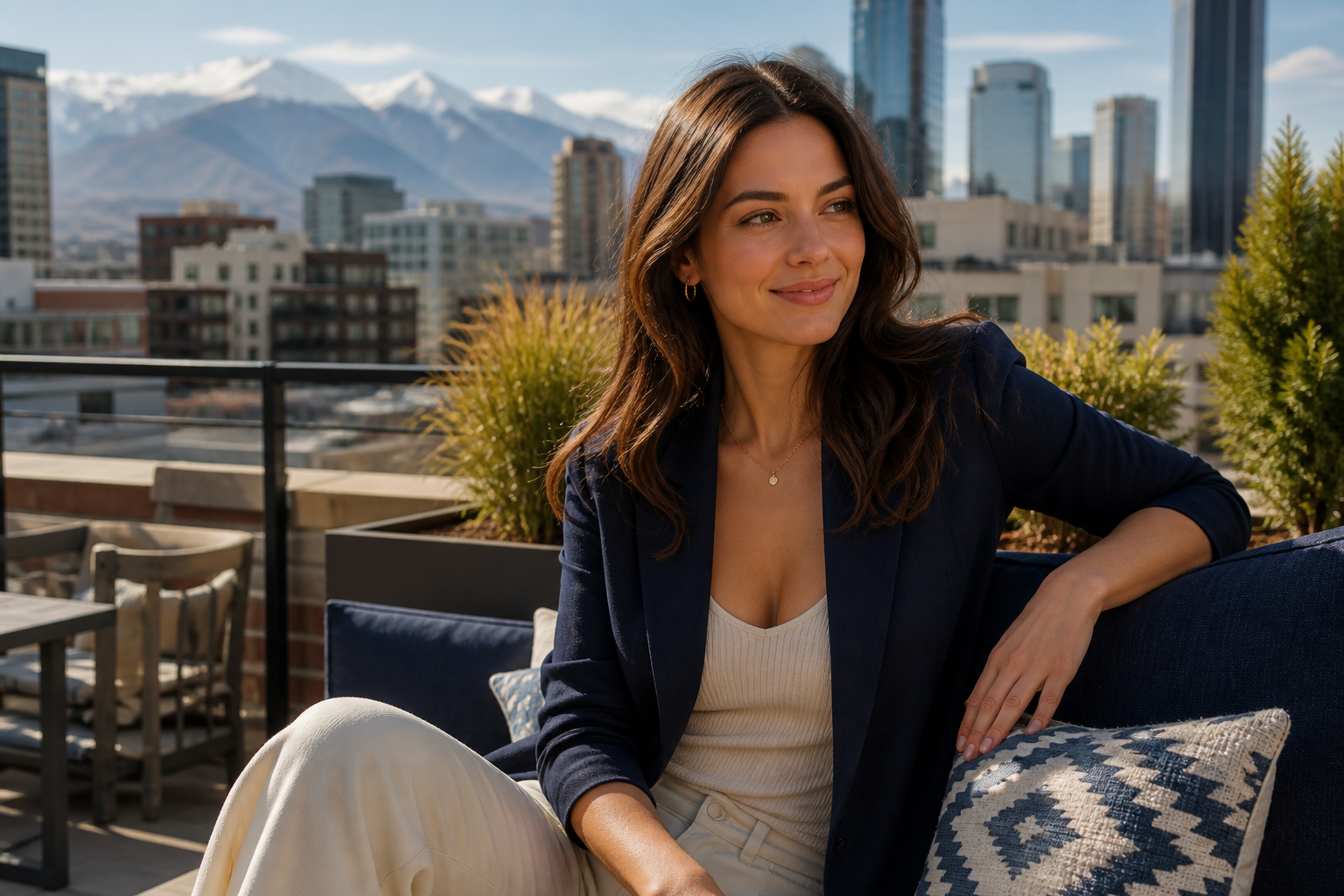 Adult woman enjoying a daytime Denver rooftop